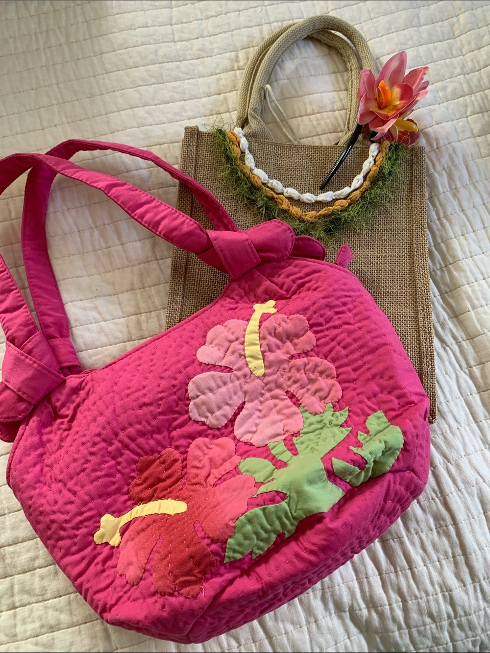 Bright Pink Quilted Floral Tote Bag